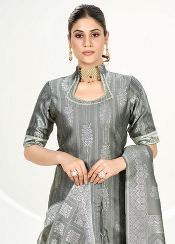 3 Pc Grey Unstitched Silk Suit Set - Indian Silk House Agencies