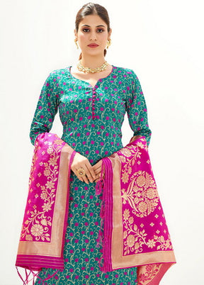 3 Pc Sea Green Unstitched Silk Suit Set - Indian Silk House Agencies