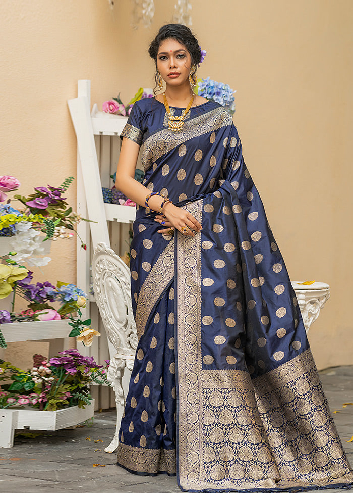 Navy Blue Spun Silk Saree With Blouse Piece - Indian Silk House Agencies