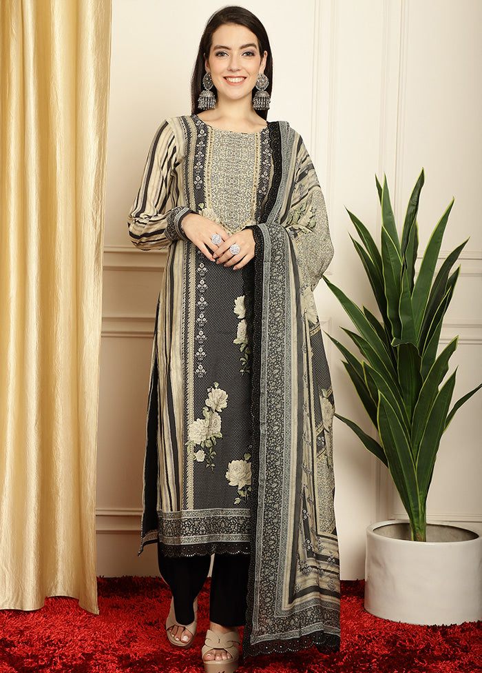 3 Pc Black Unstitched Pashmina Suit Set - Indian Silk House Agencies
