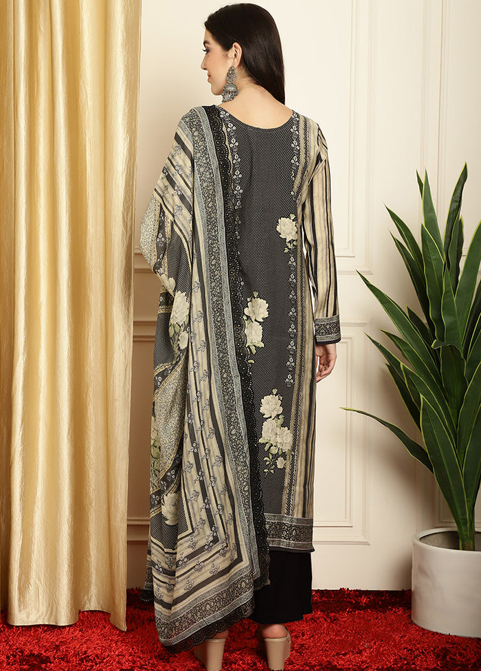 3 Pc Black Unstitched Pashmina Suit Set - Indian Silk House Agencies