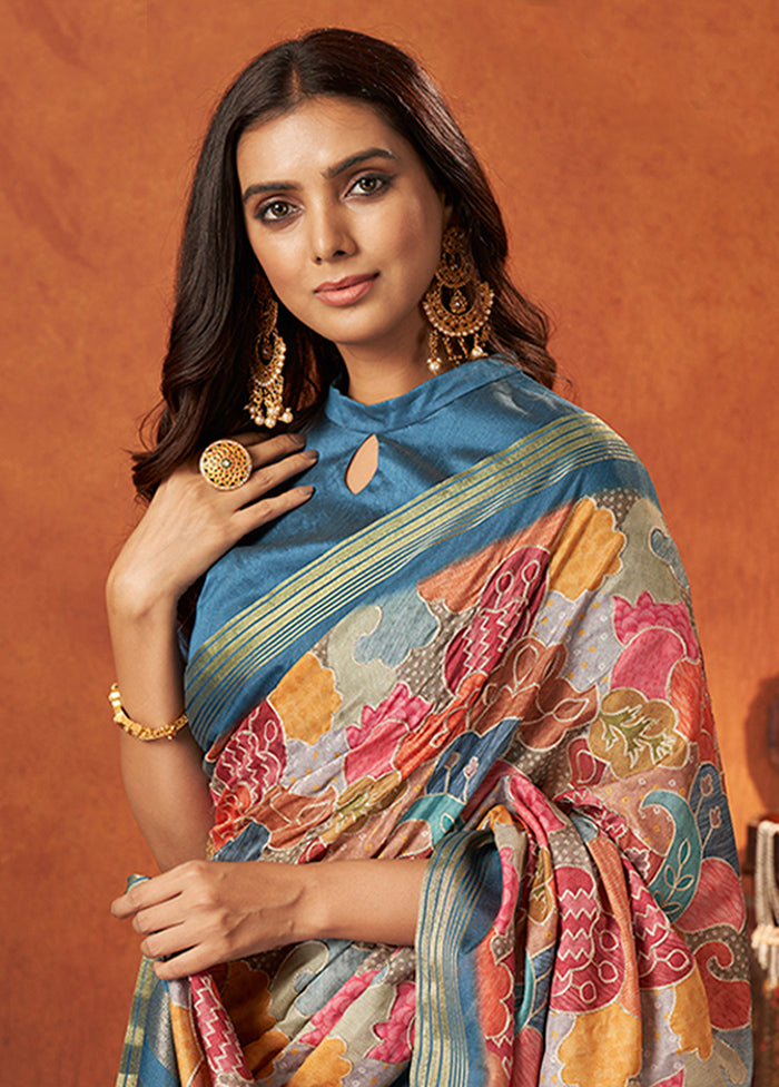 Blue Spun Silk Saree With Blouse Piece - Indian Silk House Agencies