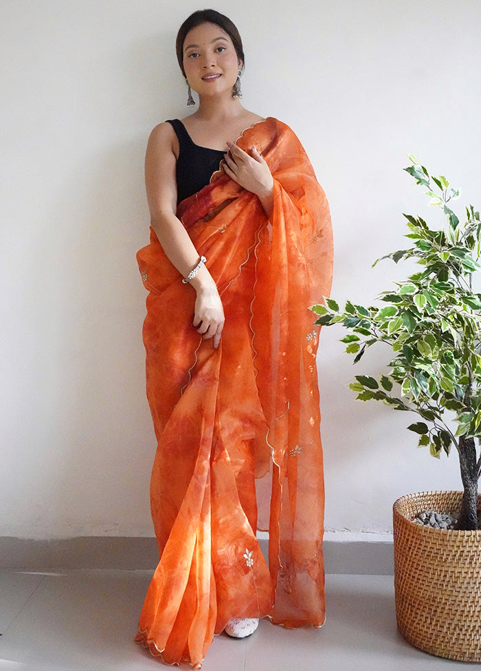 Orange Organza Saree With Blouse Piece - Indian Silk House Agencies