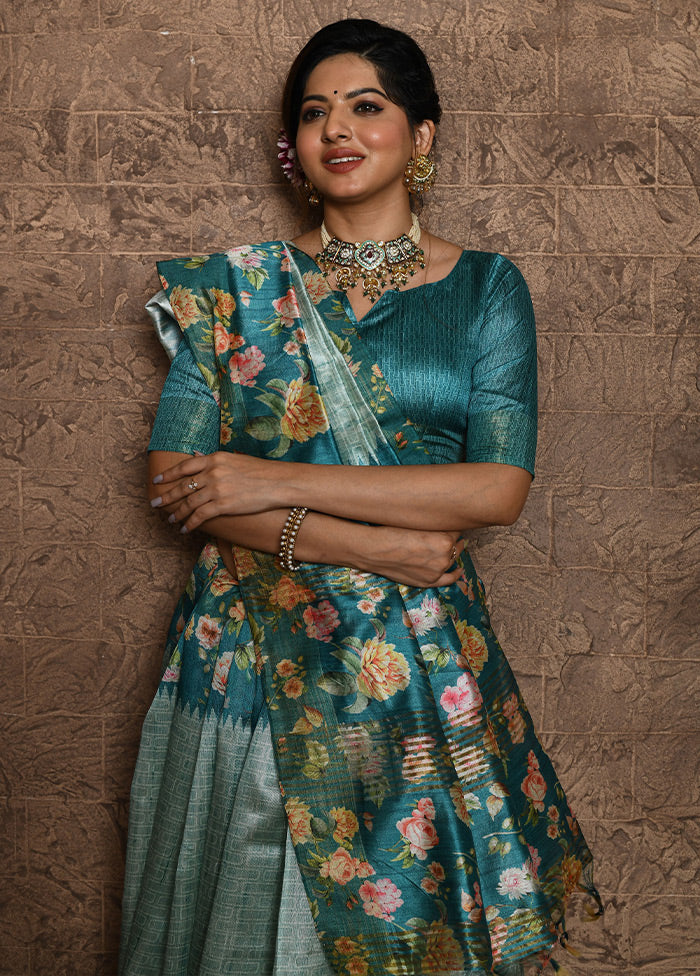 Blue Dupion Silk Saree With Blouse Piece - Indian Silk House Agencies
