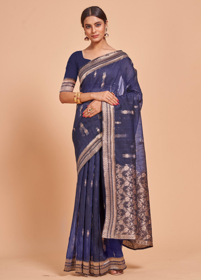 Blue Cotton Saree With Blouse Piece - Indian Silk House Agencies