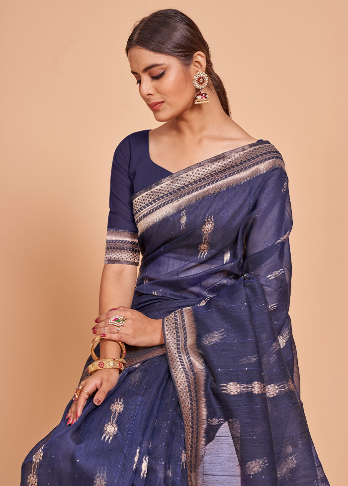 Blue Cotton Saree With Blouse Piece - Indian Silk House Agencies