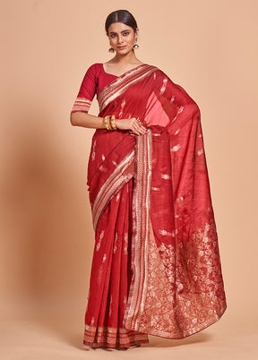 Red Cotton Saree With Blouse Piece - Indian Silk House Agencies