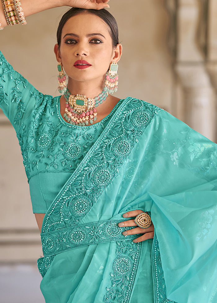 Turquoise Silk Saree With Blouse Piece - Indian Silk House Agencies