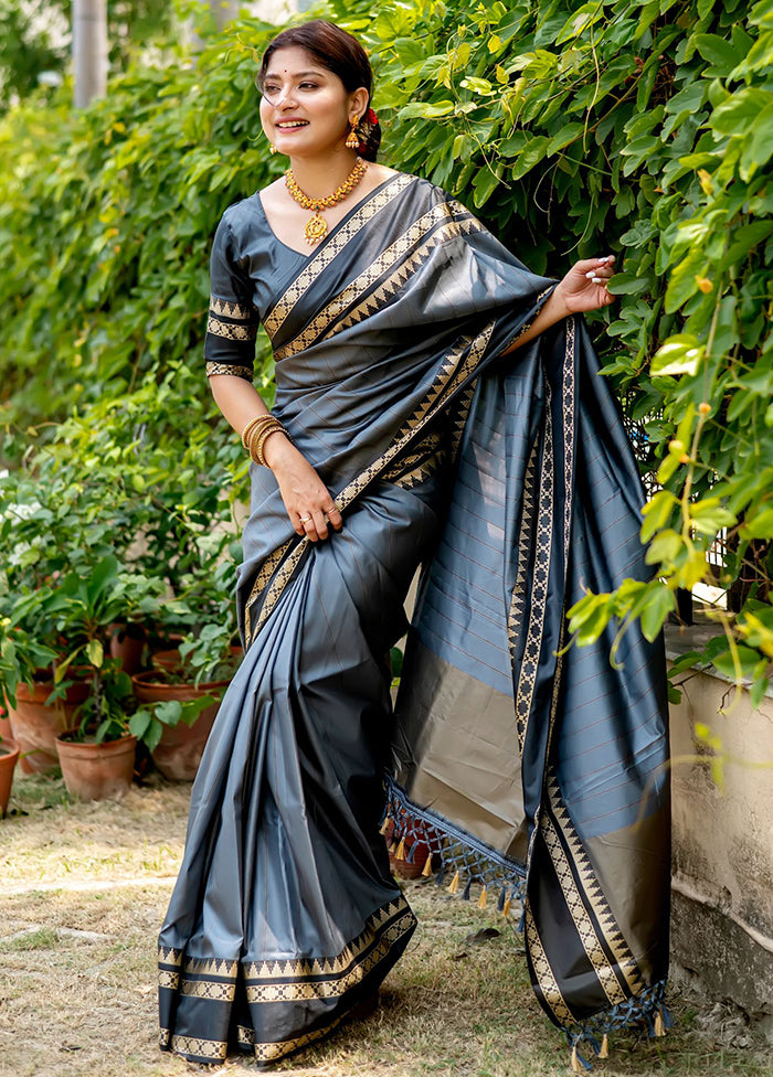 Grey Dupion Silk Saree With Blouse Piece - Indian Silk House Agencies