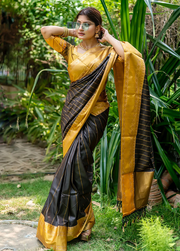 Black Dupion Silk Saree With Blouse Piece - Indian Silk House Agencies