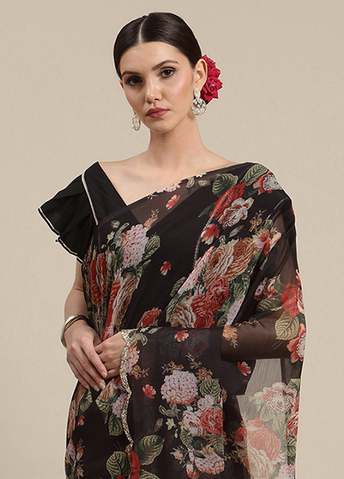 Black Chiffon Silk Saree With Semi Stitched Blouse Piece - Indian Silk House Agencies