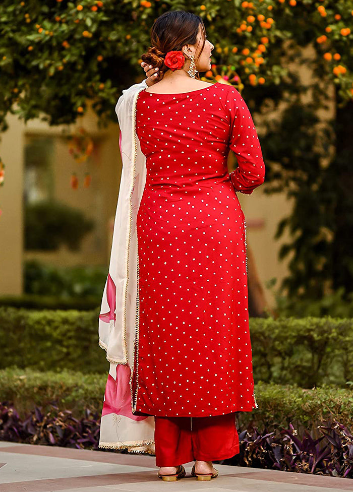 3 Pc Red Readymade Cotton Suit Set - Indian Silk House Agencies