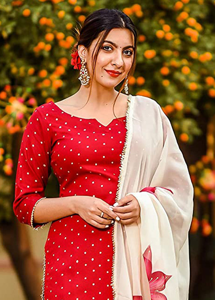 3 Pc Red Readymade Cotton Suit Set - Indian Silk House Agencies