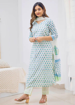 3 Pc Sky Blue Readymade Cotton Suit Set - Indian Silk House Agencies