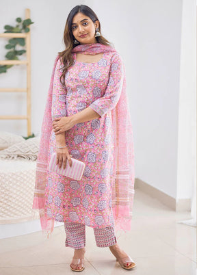 3 Pc Pink Readymade Cotton Suit Set - Indian Silk House Agencies