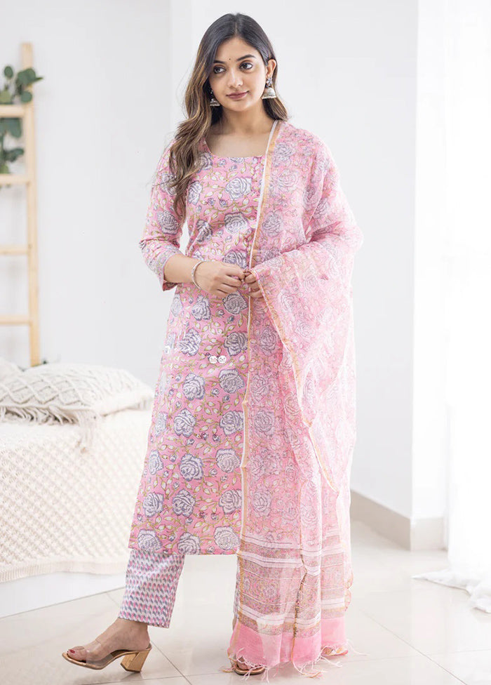 3 Pc Pink Readymade Cotton Suit Set - Indian Silk House Agencies