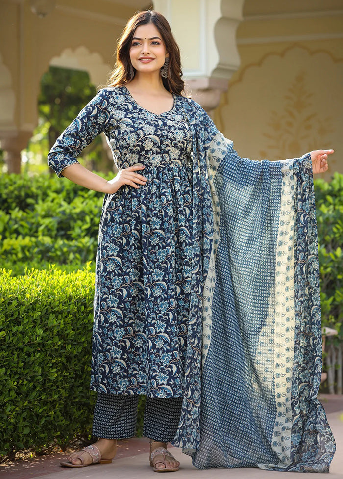 3 Pc Navy Blue Readymade Cotton Suit Set - Indian Silk House Agencies