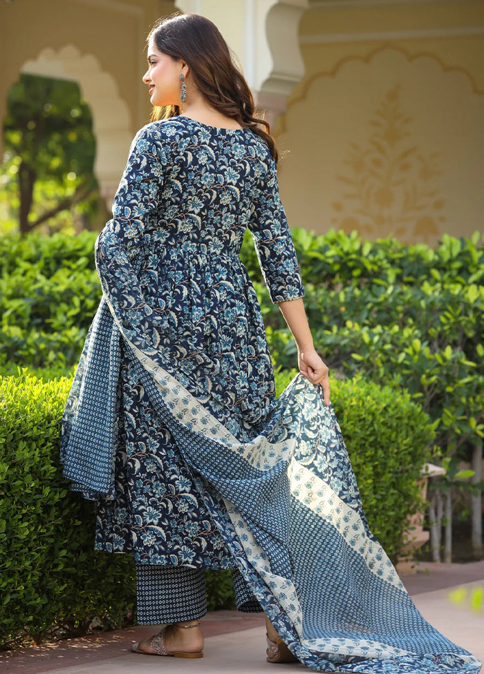 3 Pc Navy Blue Readymade Cotton Suit Set - Indian Silk House Agencies