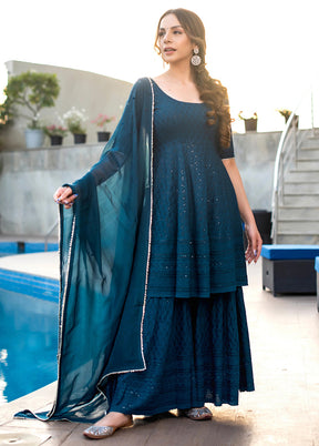 3 Pc Blue Readymade Cotton Suit Set - Indian Silk House Agencies