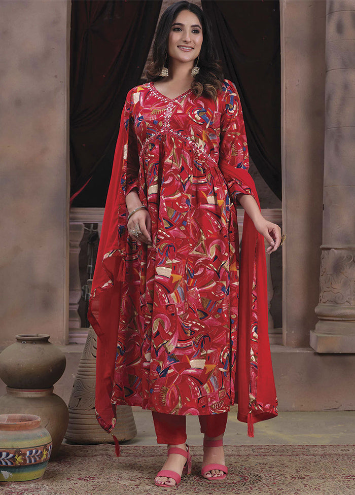 3 Pc Red Readymade Rayon Suit Set - Indian Silk House Agencies
