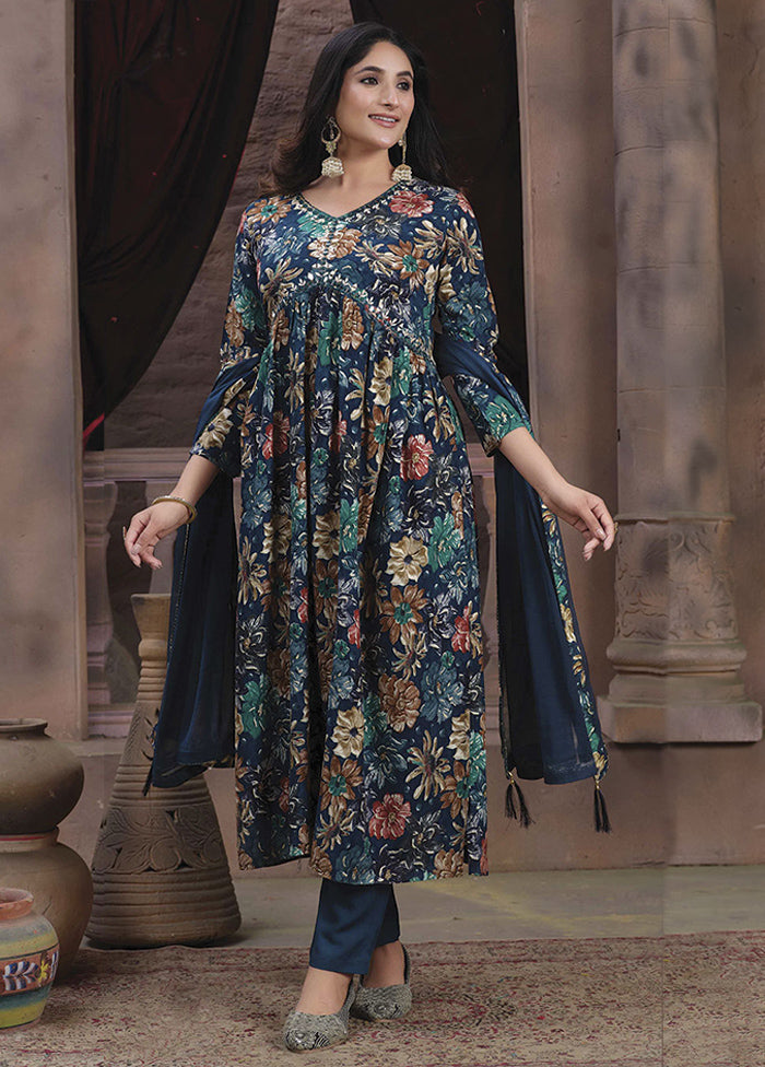 3 Pc Teal Readymade Rayon Suit Set - Indian Silk House Agencies