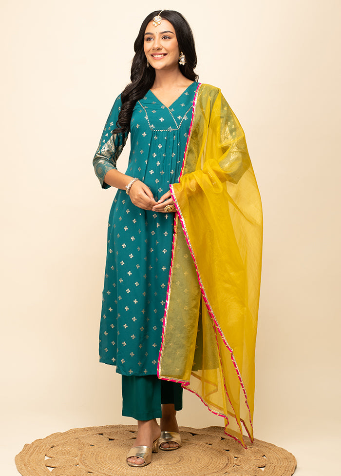 3 Pc Teal Readymade Silk Suit Set - Indian Silk House Agencies