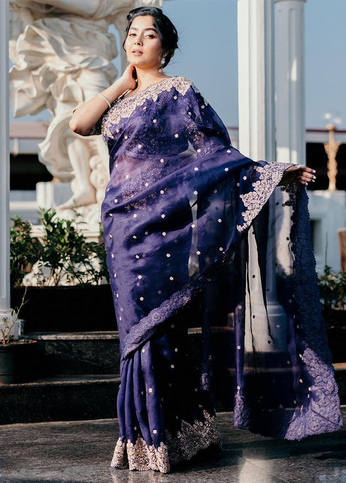 Royal Blue Organza Saree With Blouse Piece - Indian Silk House Agencies
