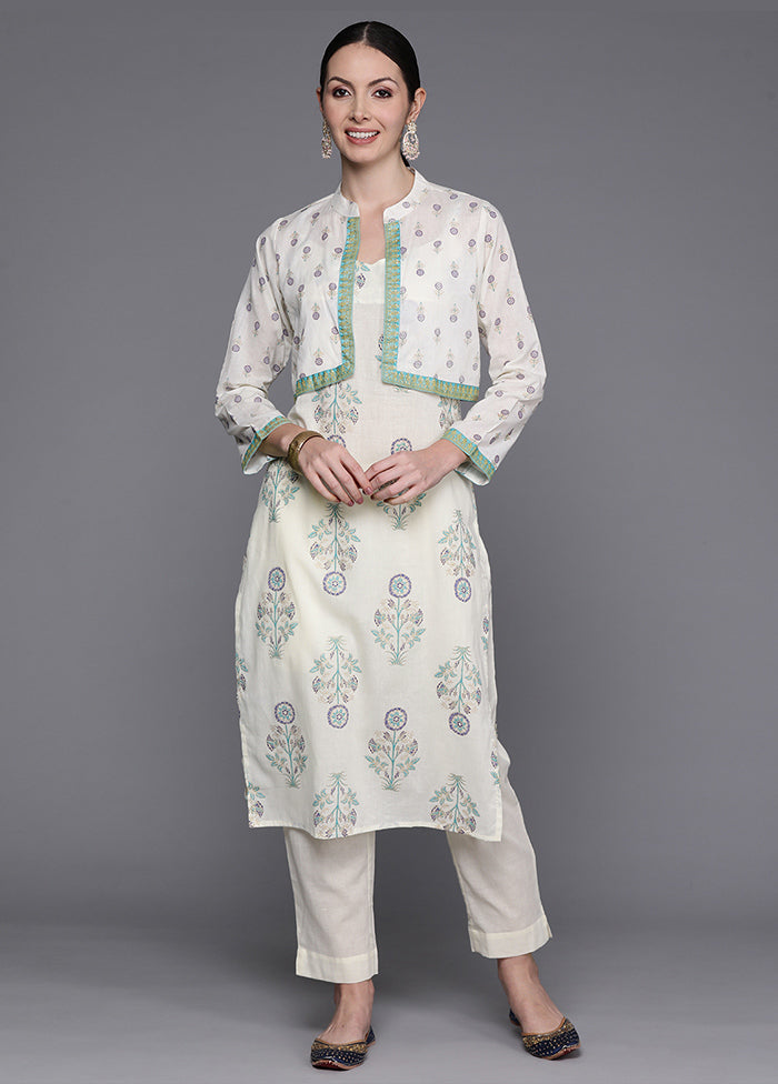 3 Pc Off White Pure Cotton Jacket Suit Set - Indian Silk House Agencies