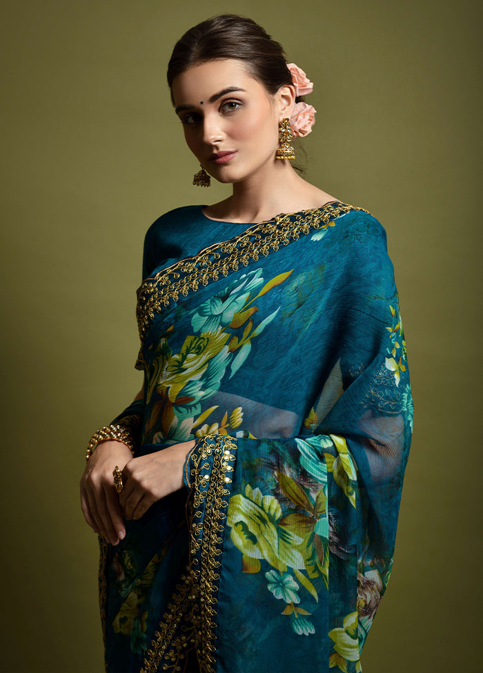 Teal Georgette Saree With Blouse Piece - Indian Silk House Agencies