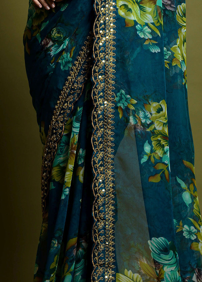 Teal Georgette Saree With Blouse Piece - Indian Silk House Agencies