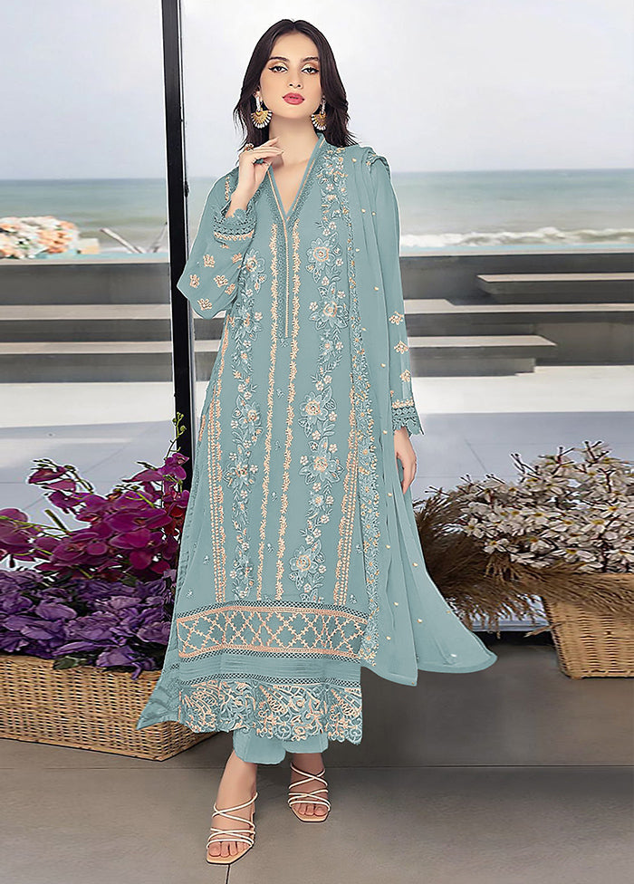 3 Pc Blue Georgette Suit Set - Indian Silk House Agencies