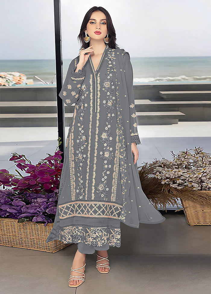 3 Pc Grey Georgette Suit Set - Indian Silk House Agencies