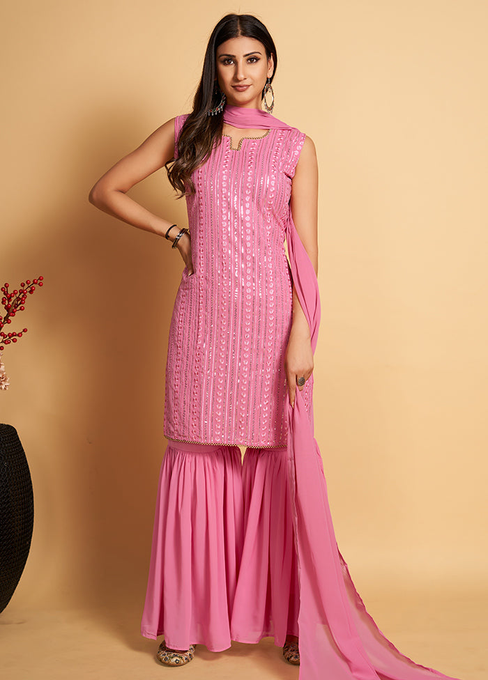 3 Pc Pink Readymade Georgette Suit Set - Indian Silk House Agencies