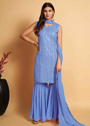 3 Pc Sky Blue Readymade Georgette Suit Set - Indian Silk House Agencies