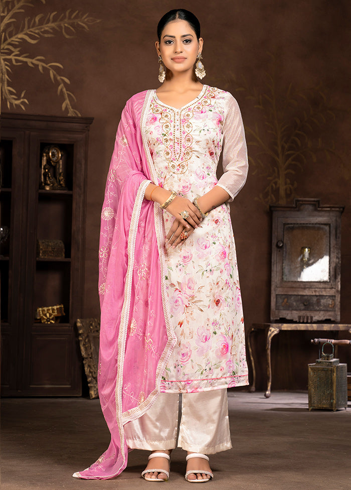 3 Pc Cream Unstitched Silk Suit Set - Indian Silk House Agencies