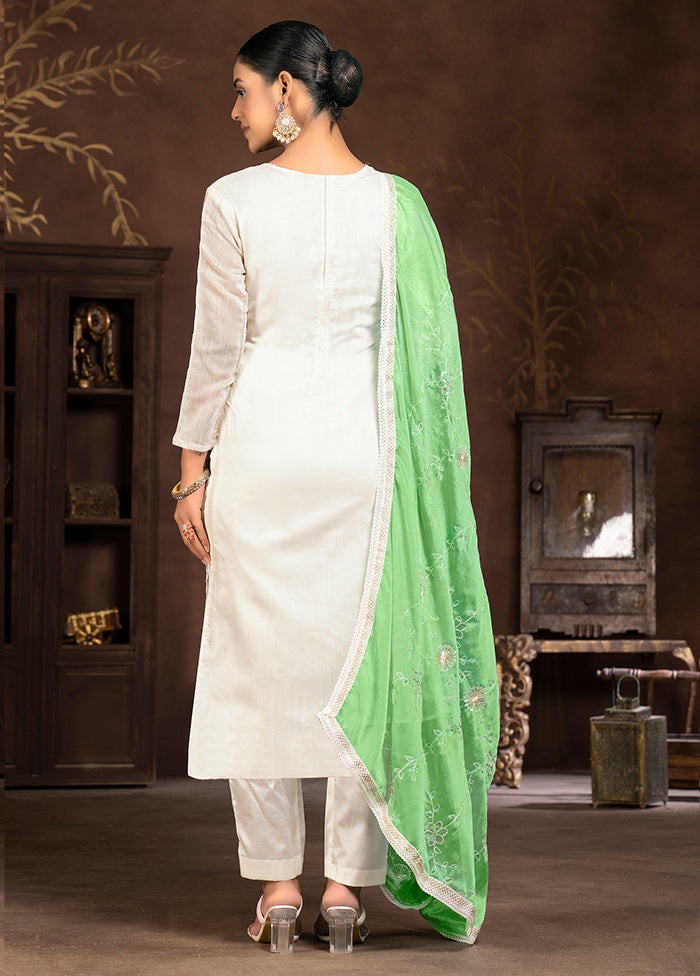 3 Pc Cream Unstitched Silk Suit Set - Indian Silk House Agencies