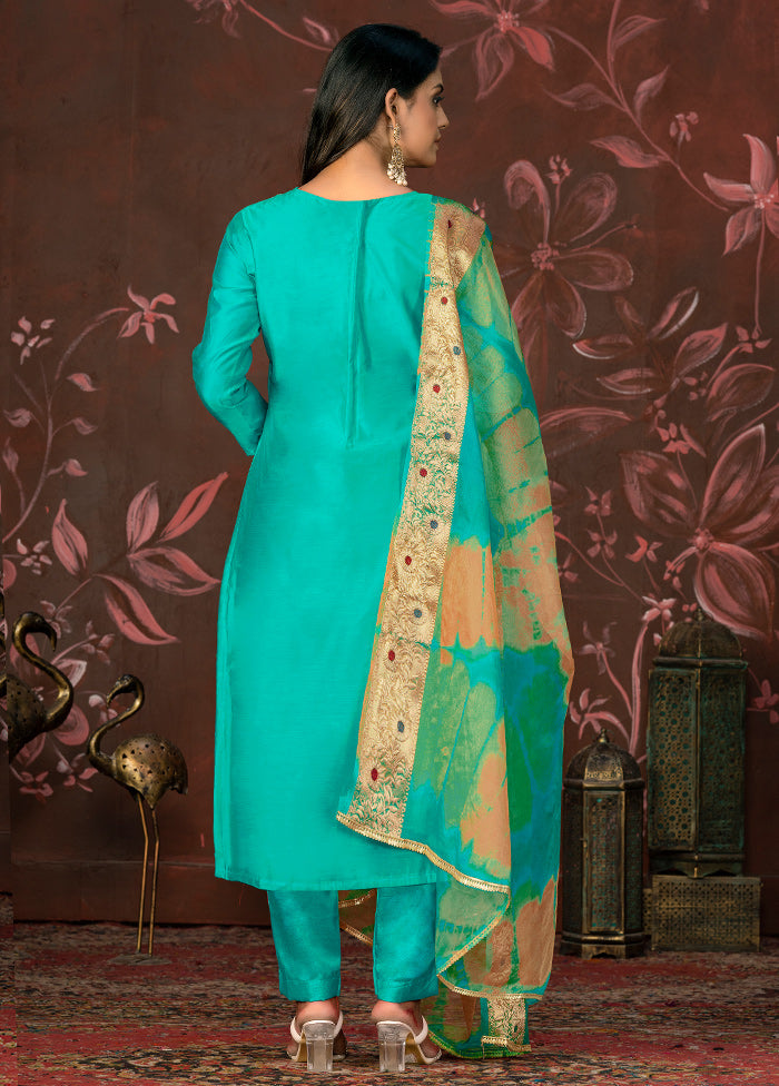 3 Pc Blue Unstitched Silk Suit Set - Indian Silk House Agencies