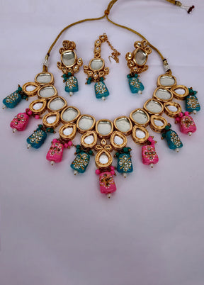 Pink And Blue Kundan Jewellery Set With Mangtika - Indian Silk House Agencies