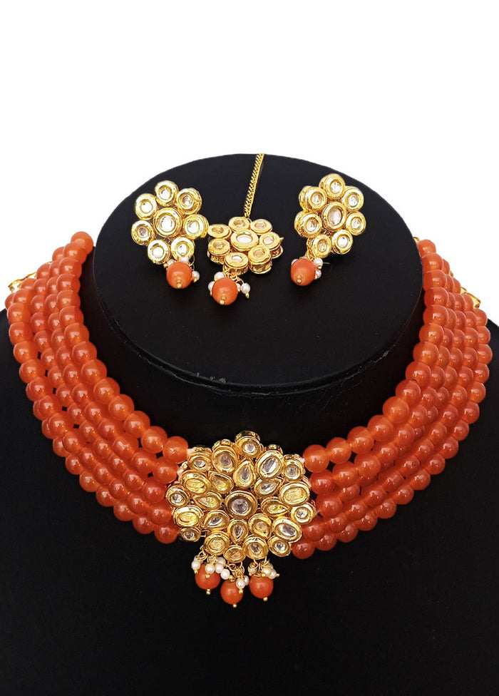 Orange Kundan Work Alloy Choker Set - Indian Silk House Agencies