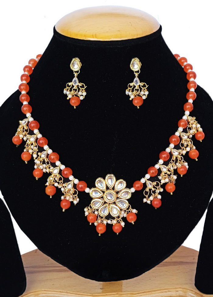 Orange Kundan Work Alloy Necklace Set - Indian Silk House Agencies