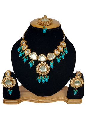 Sky Blue Kundan Jewellery Set With Mangtika - Indian Silk House Agencies