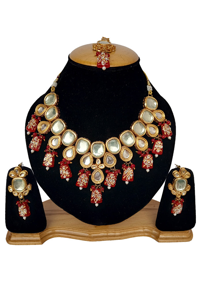 Red Kundan Jewellery Set With Mangtika - Indian Silk House Agencies