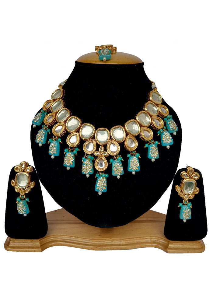 Sky Blue Kundan Jewellery Set With Mangtika - Indian Silk House Agencies