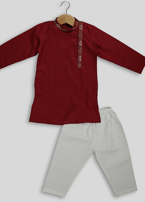 Maroon Kurta Pyjama Set For Boys With Embroidery - Indian Silk House Agencies