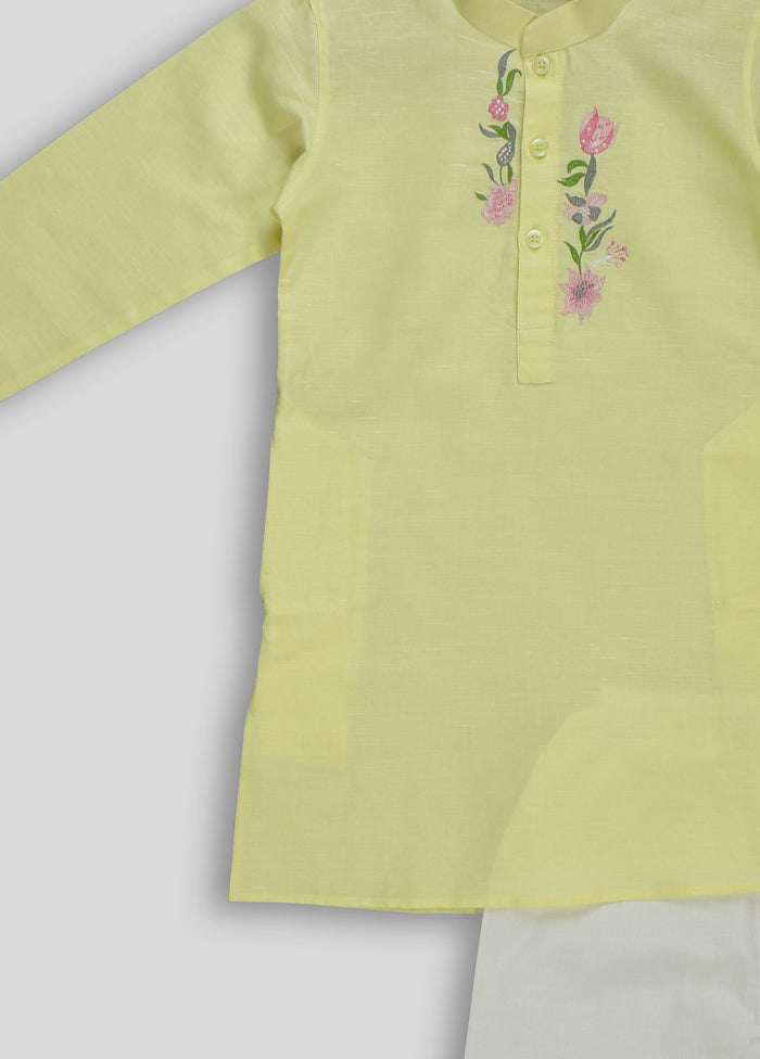 Yellow Cotton Kurta Pyjama Set For Boys With Embroidery - Indian Silk House Agencies