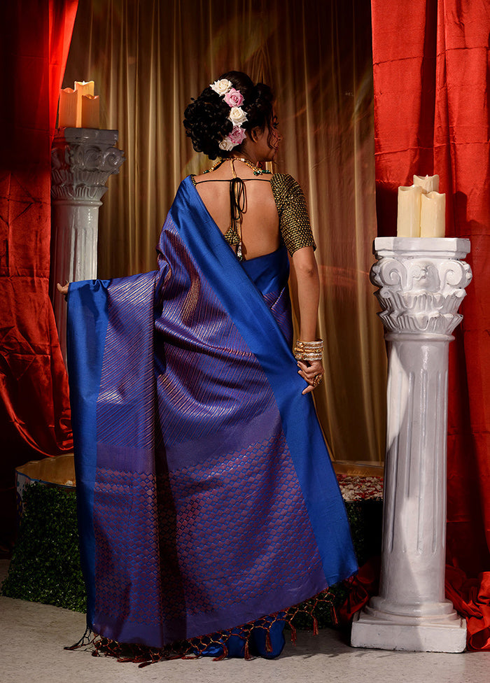 Blue Dupion Silk Saree With Blouse Piece - Indian Silk House Agencies