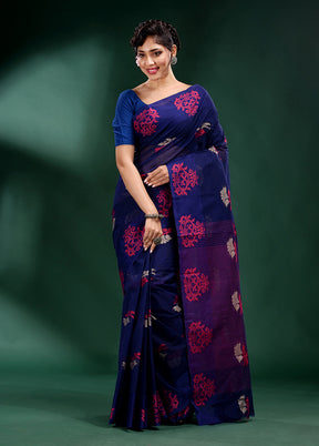 Navy Blue Cotton Saree With Blouse Piece - Indian Silk House Agencies