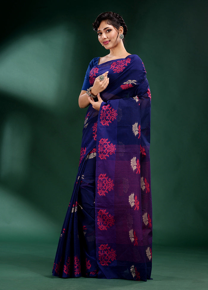 Navy Blue Cotton Saree With Blouse Piece - Indian Silk House Agencies