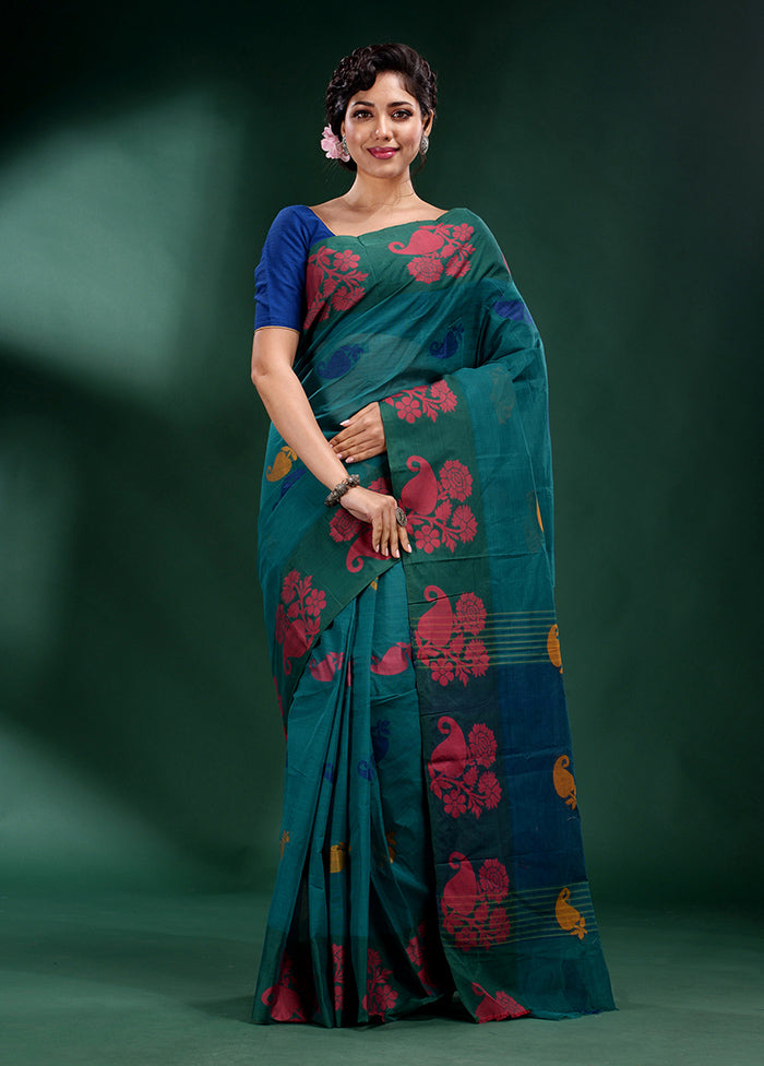 Teal Cotton Saree With Blouse Piece - Indian Silk House Agencies