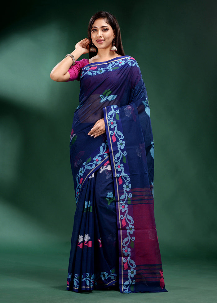 Blue Pure Cotton Saree With Blouse Piece - Indian Silk House Agencies